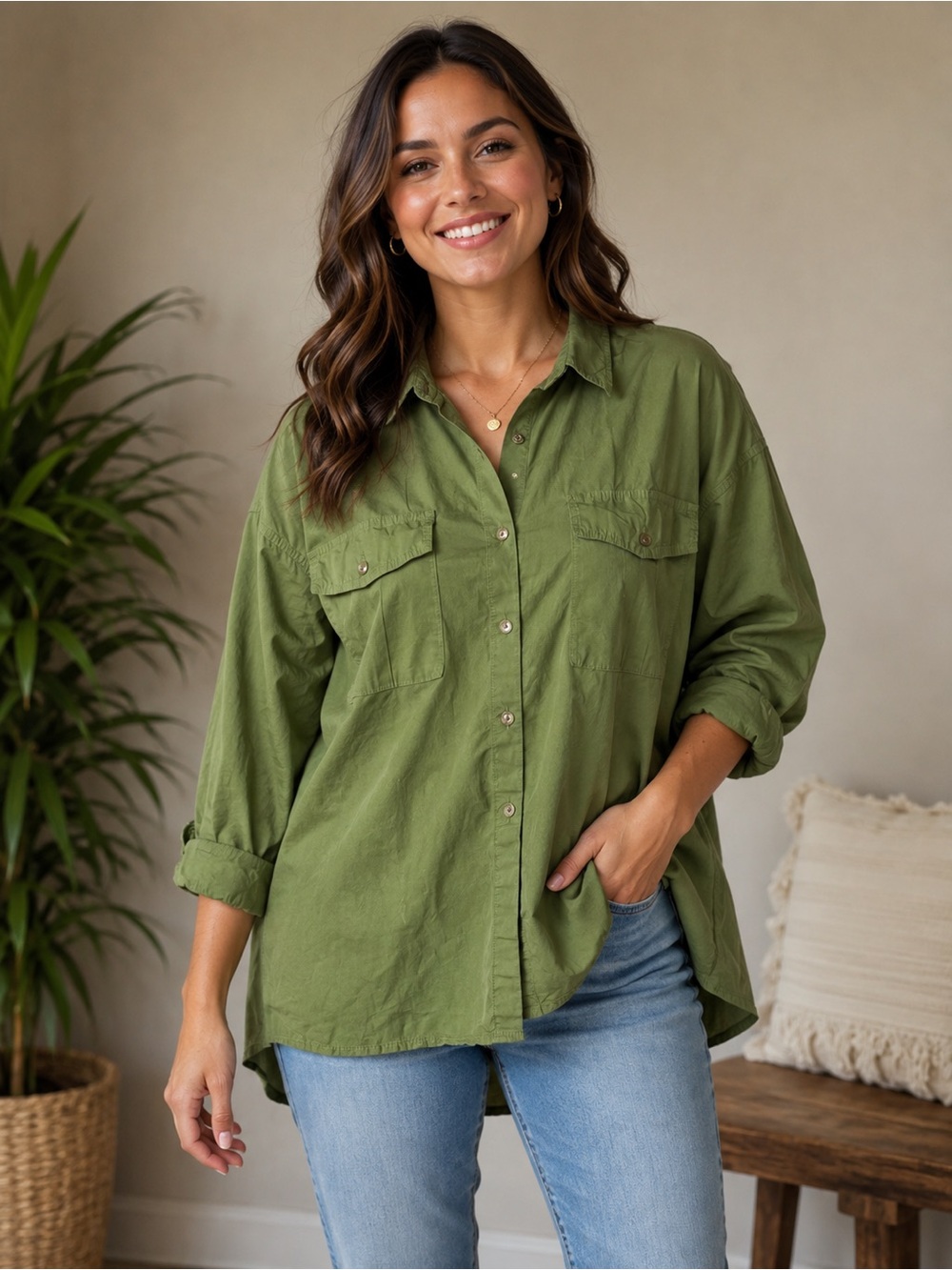 Alex Mill Wash and Go Olive Cotton Long Sleeve Button Up Shirt Size L Women’s